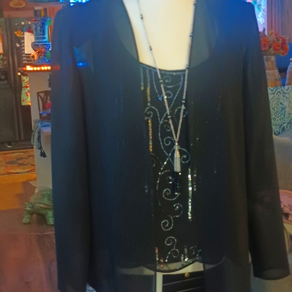 Elegant Black Evening Suit By R&M Richard with Embellished Top.  Size S